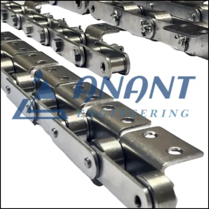 A close-up image of Anant Engineering's conveyor chain used in material handling systems.